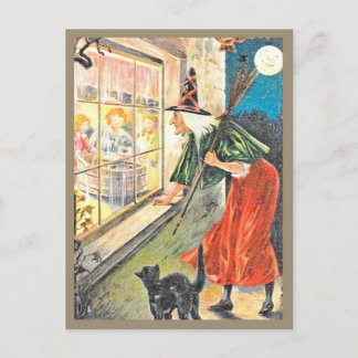 Cartão Postal Bruxa Espiando pela Janela - Halloween Vintage