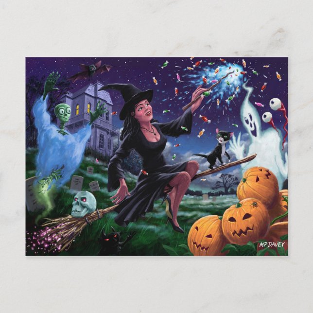 Cartão Postal Bruxa Feliz De Halloween Com Amigos De Graveyard (Frente)