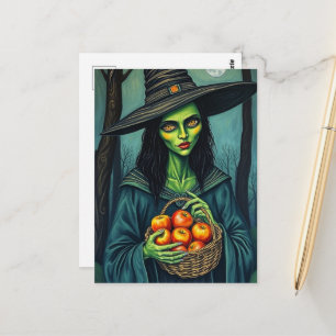 Cartão Postal Bruxa Fofa Com Maçãs