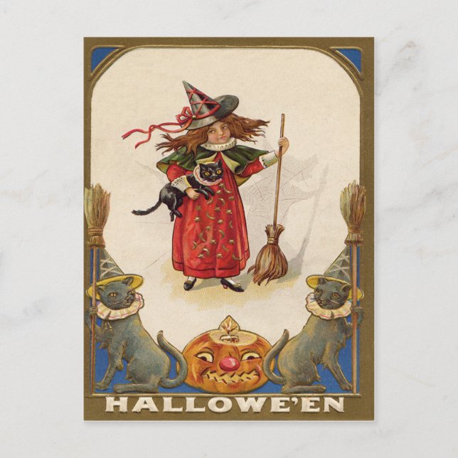 Cartão Postal Bruxa Fofa Gato Preto Jack O' Lantern (Frente)
