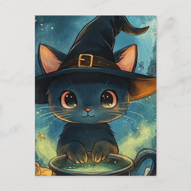 Cartão Postal Bruxa Gato Adorável (Frente)