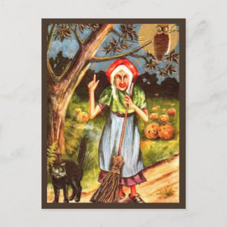 Cartão Postal Bruxa, Gato Negro e Coruja - Halloween Vintage