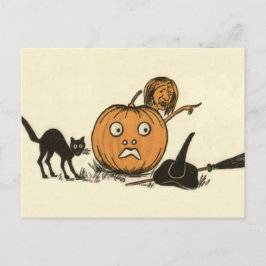 Cartão Postal Bruxa Gato Preto Abóbora de Halloween