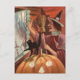 Cartão Postal Bruxa Gato Preto Abóbora Jack O Lantern