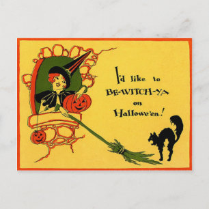 Cartão Postal Bruxa Gato Preto Abóbora Vintage Halloween