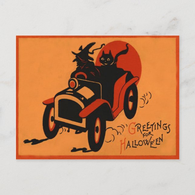 Cartão Postal Bruxa Gato Preto Carro Lua Cheia (Frente)