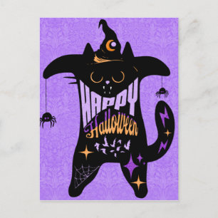 Cartão Postal Bruxa Gato Preto Retro Divertido Halloween