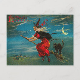Cartão Postal Bruxa Gato Preto Voador Lua Crescente