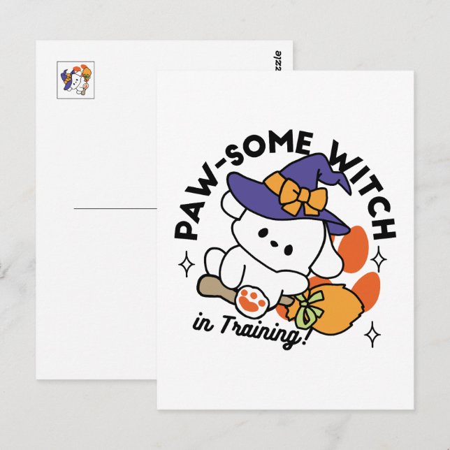 Cartão Postal Bruxa Incrível em Treinamento – Cachorro Fofo de H (Frente/Verso)