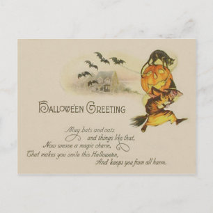 Cartão Postal Bruxa Jack O' Lantern Gato Preto Morcego
