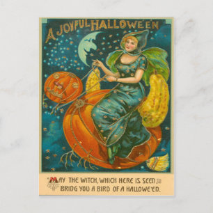 Cartão Postal Bruxa Jack O Lanterna Bird Pumpkin Crescent Moon R