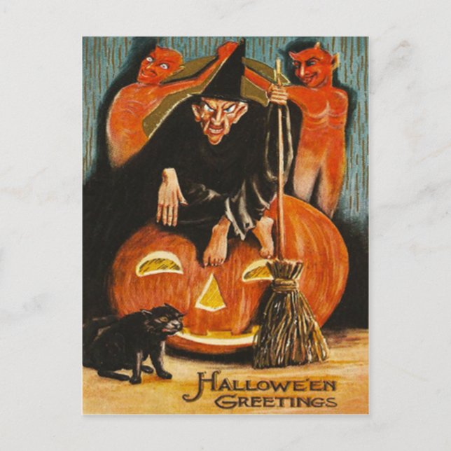 Cartão Postal Bruxa Jack O Lanterna Diabo Demônio Gato Preto (Frente)