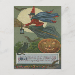 Cartão Postal Bruxa Jack O Lanterna Gato Preto Lua Cheia