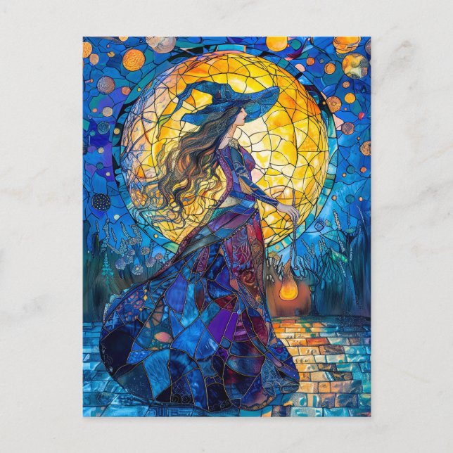 Cartão Postal Bruxa lançando feitiços sob a Lua Cheia (Frente)