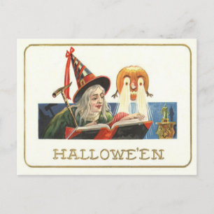Cartão Postal Bruxa Lendo Abóbora de Jack O Lantern