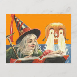Cartão Postal Bruxa Lendo Abóbora de Jack O Lantern