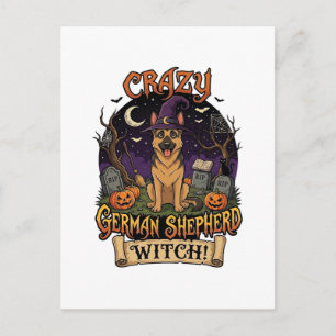 Cartão Postal Bruxa Louca do Pastor Alemão no Halloween Abóboras