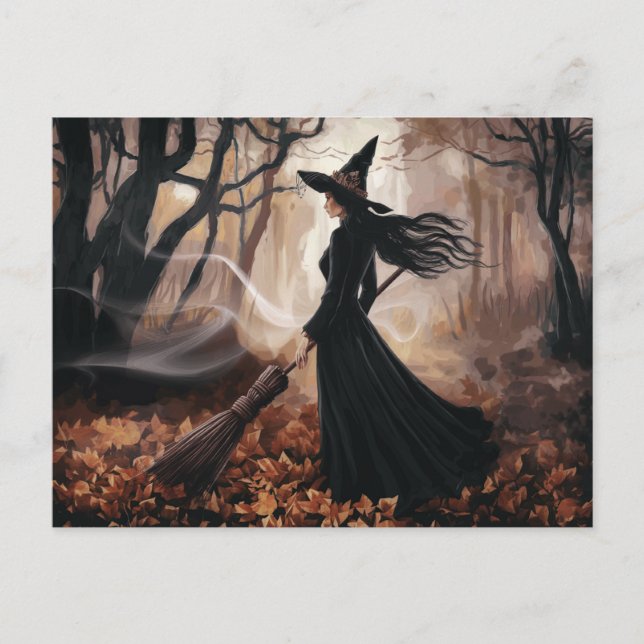 Cartão Postal Bruxa moderna da moda de Halloween na floresta (Frente)