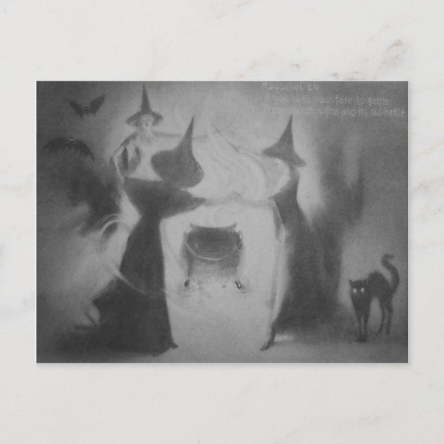 Cartão Postal Bruxa Monocromática Noite do Cauldron Morcego Gato (Frente)