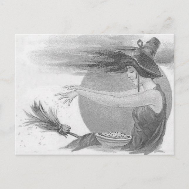 Cartão Postal Bruxa Monocromática Vassoura da Lua Cheia Magia Fe (Frente)