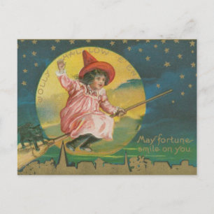 Cartão Postal Bruxa Rosa de Jolly Halloween em Vintage de Broom