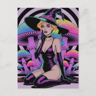 Cartão Postal Bruxa Sexy com Cabelo Colorido e Cogumelos