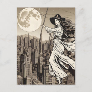 Cartão Postal Bruxa sobre a cidade em lua cheia, Halloween