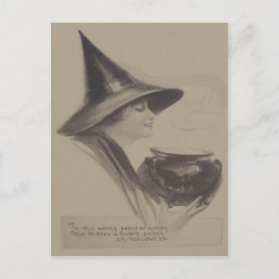 Cartão Postal Bruxa Sorridente Caldeirão Feitiço Poção Sepia