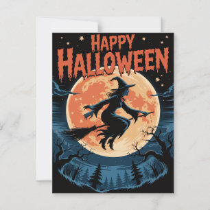 Cartão Postal Bruxa Spooky do Halloween voando através de uma lu