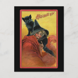 Cartão Postal Bruxa Vermelha Halloween e Vintage Gato Negro
