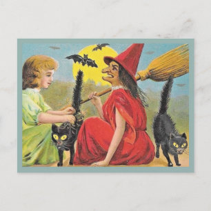 Cartão Postal Bruxa Vermelha Vintage Halloween Com Morcegos E Ga