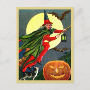 Cartão Postal Bruxa Vermelha Voando no Broomstick - Dia das Brux