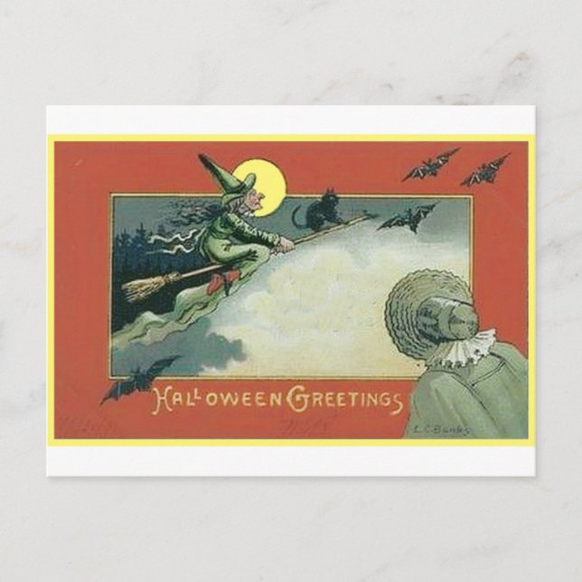 Cartão Postal Bruxa Voadora de Halloween e Morcegos (Frente)