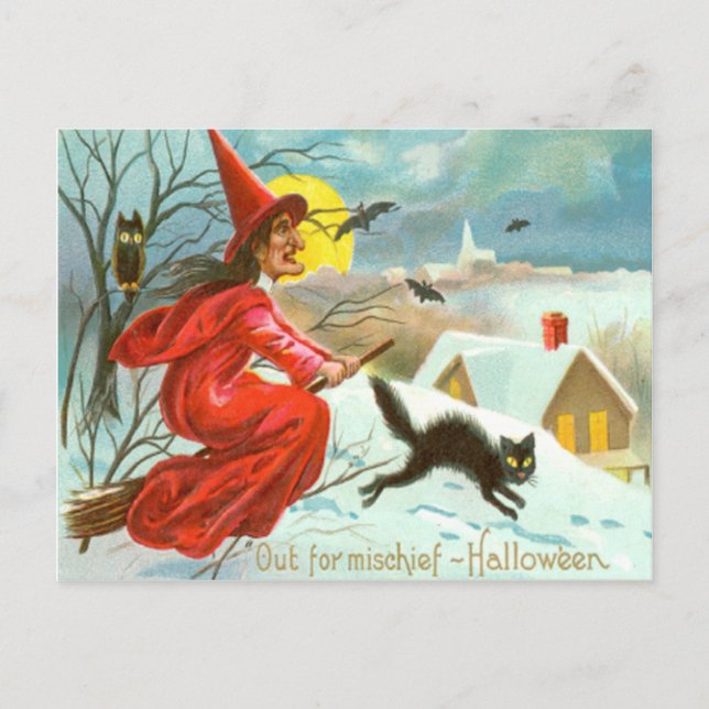 Cartão Postal Bruxa Voadora Gato Preto Coruja Morcego Neve (Frente)
