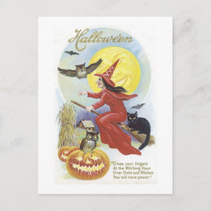 Cartão Postal Bruxa Voadora, Morcegos, Gato, Lua de Coruja