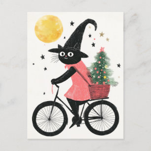 Cartão Postal Bruxas de Cat Ciclismo com Árvore de Natal Quirky