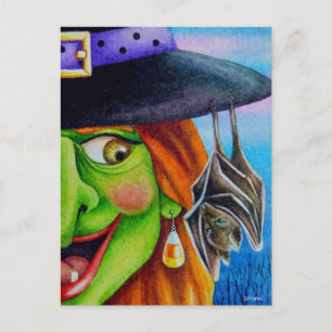 Cartão Postal Bruxas de Halloween e Bat Watercolor Art