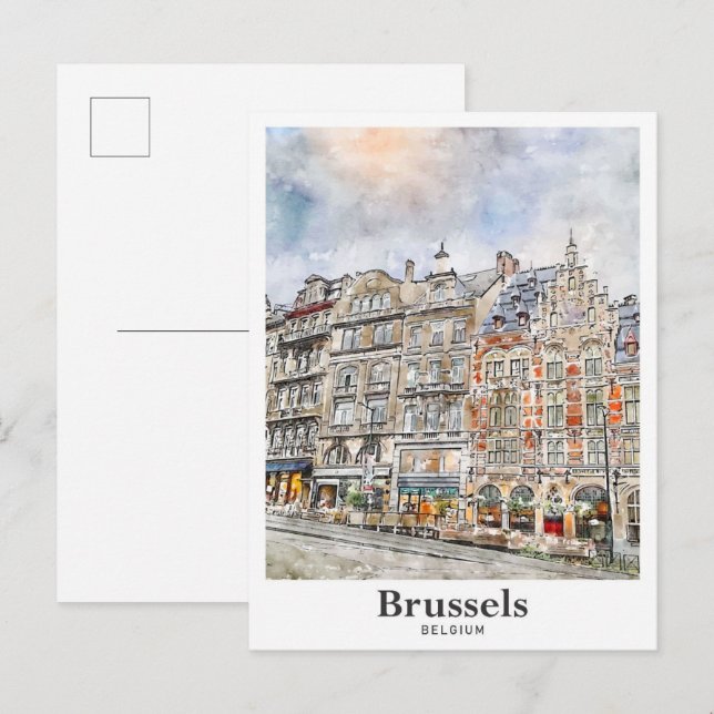 Cartão Postal Bruxelas Bélgica Art Viagem Watercolor (Frente/Verso)