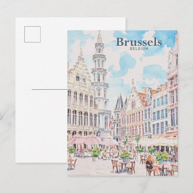 Cartão Postal Bruxelas Bélgica Gouache Paint Viagem (Frente/Verso)