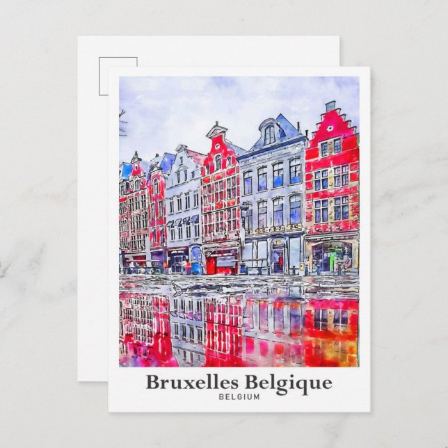 Cartão Postal Bruxelas Bélgica Viagem Watercolor (Frente/Verso)
