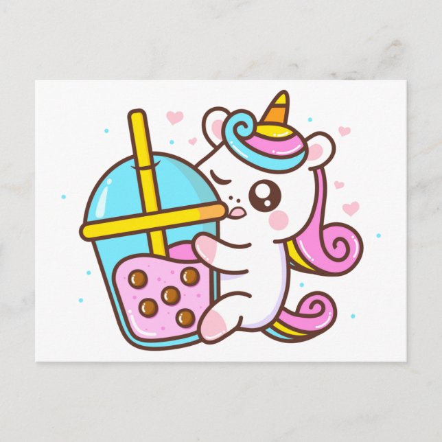 Cartão Postal Bubble Tea Loving Unicorn (Frente)