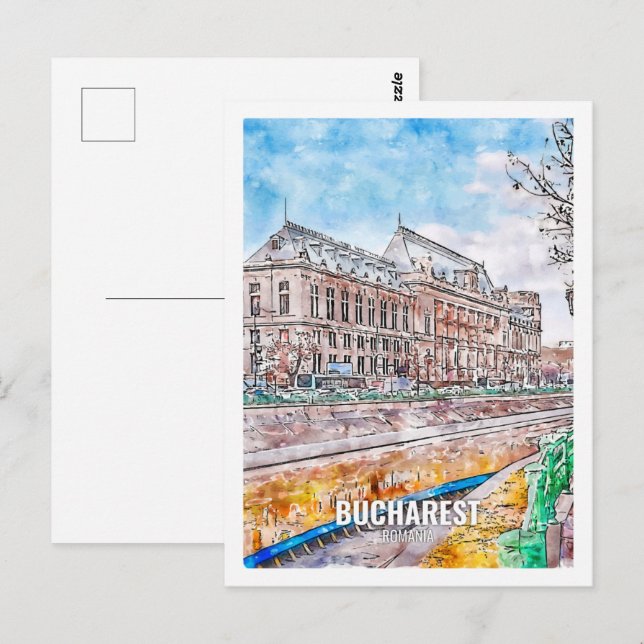 Cartão Postal Bucareste Romênia Famoso Viagem Place Watercolor (Frente/Verso)
