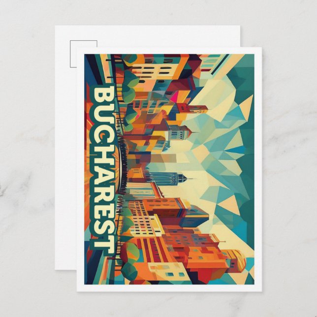 Cartão Postal Bucareste Romênia viagem artística colorida (Frente/Verso)