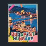 Cartão Postal Budapest Hungary Night Cityscape Pop Art Collage<br><div class="desc">Budapest Hungary night cityscape showcasing the historic Parliament building and Chain Bridge glowing along the Danube River. This illuminated skyline is reimagined as a pop art collage, blending classic vintage retro travel vibes with mixed media textures to celebrate Eastern Europe travel. Often called the 'Pearl of the Danube, ' this...</div>
