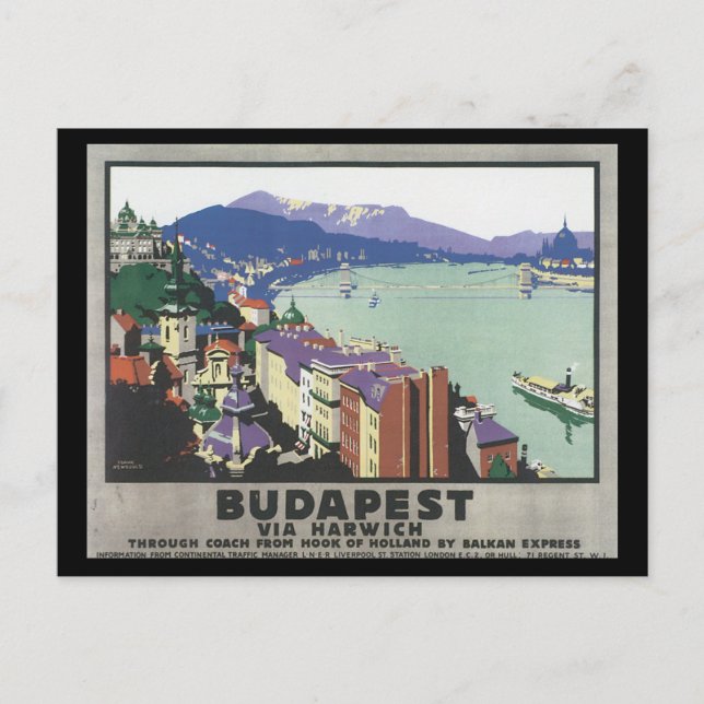 Cartão Postal Budapeste via Harwich_Viagens vintage Poster (Frente)