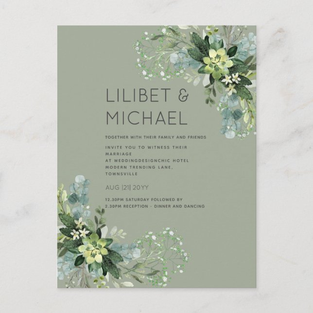 Cartão Postal BUDGET Eucalyptus Greenery Foliage Casamento (Frente)