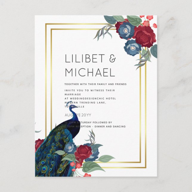 Cartão Postal BUDGET Peacock Blue Burgundy Casamento outono (Frente)