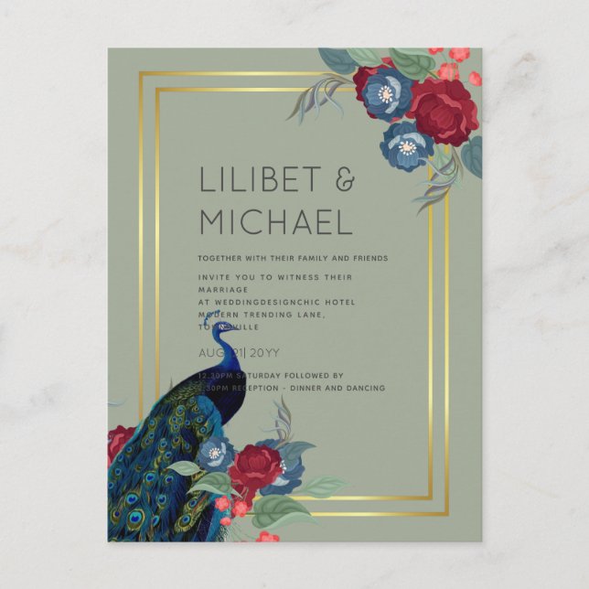 Cartão Postal BUDGET Peacock Blue Burgundy Casamento outono (Frente)