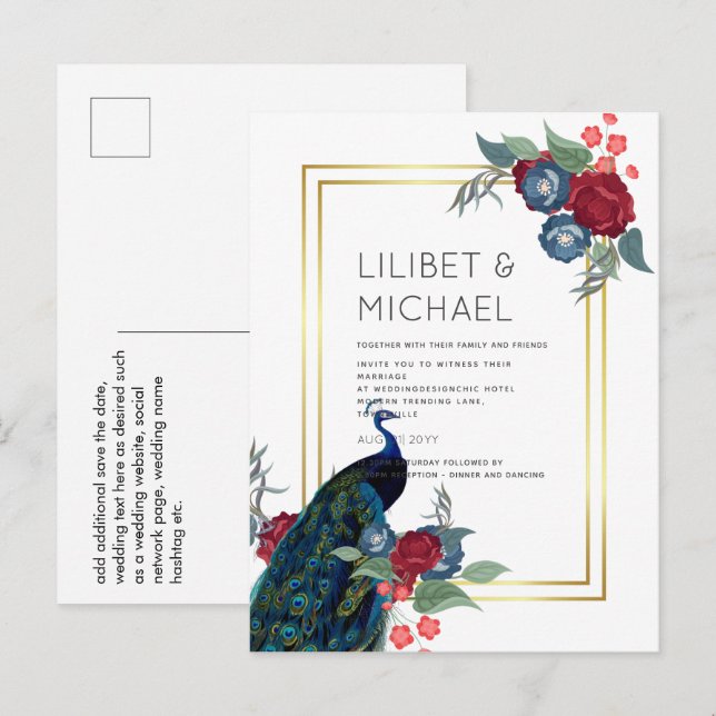 Cartão Postal BUDGET Peacock Blue Burgundy Casamento outono (Frente/Verso)