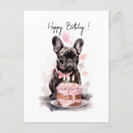 Cartão Postal Buldogue francês com bolo de aniversário